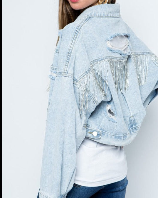 Rhinestone Fringe Distressed Denim Jacket