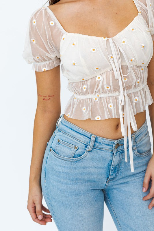 Daisy Ruched Embroidery Crop Top