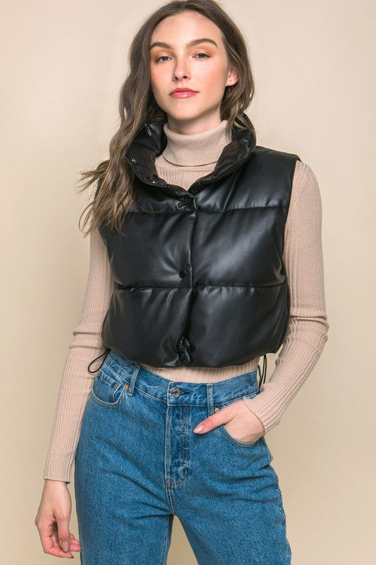 Faux Leather Cropped Puffer Vest