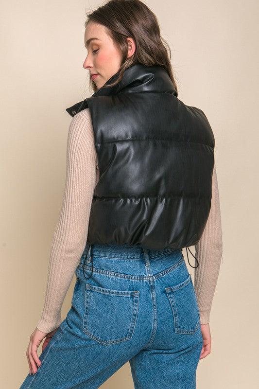 Faux Leather Cropped Puffer Vest