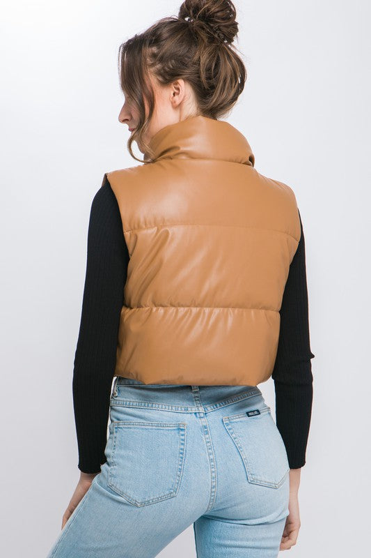 Faux Leather Cropped Puffer Vest