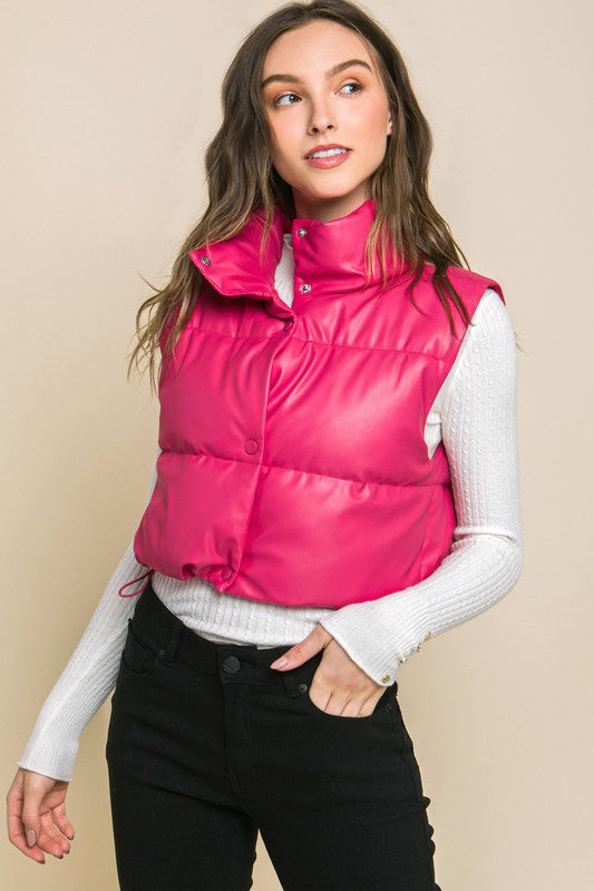 Faux Leather Cropped Puffer Vest