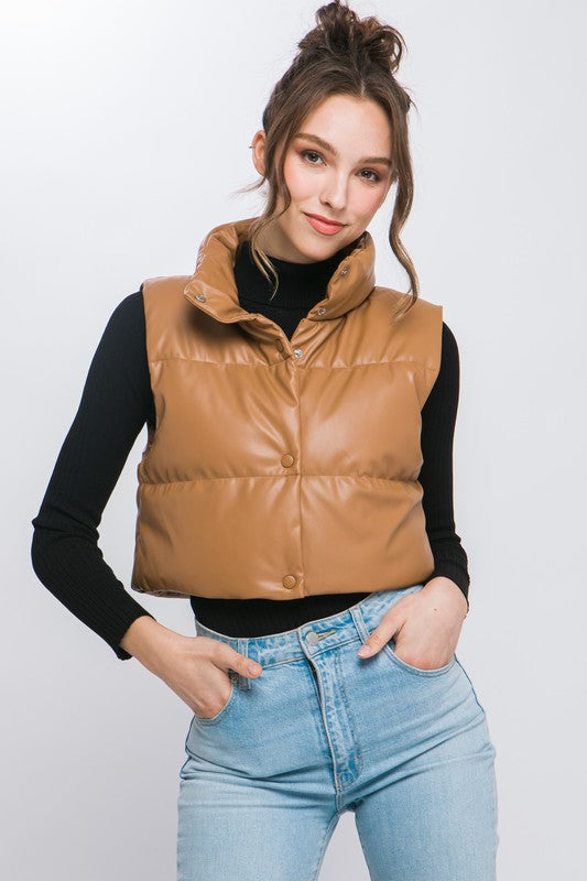 Faux Leather Cropped Puffer Vest