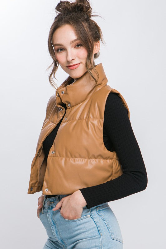 Faux Leather Cropped Puffer Vest