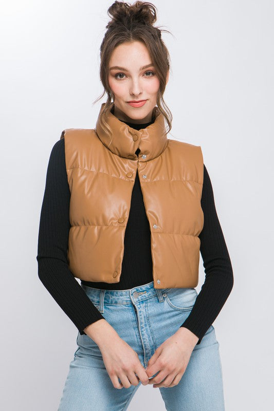 Faux Leather Cropped Puffer Vest