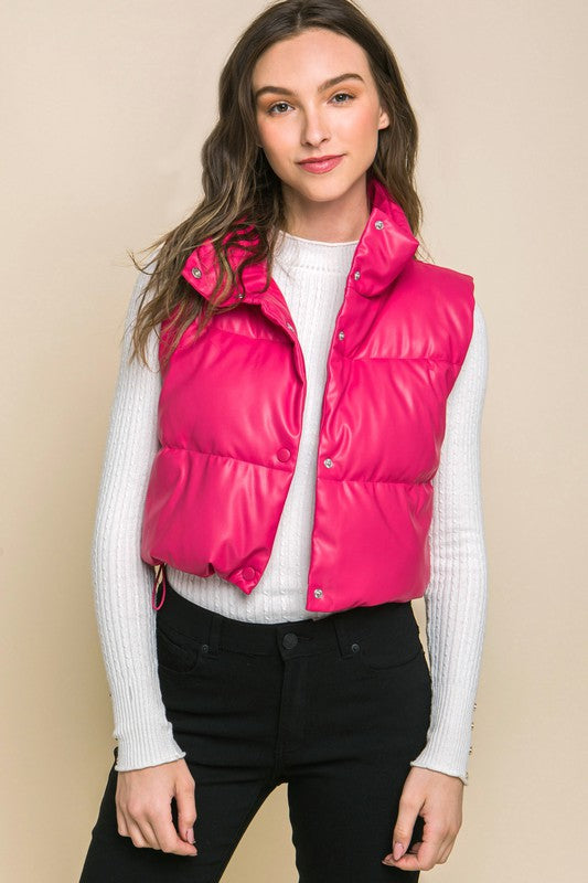 Faux Leather Cropped Puffer Vest