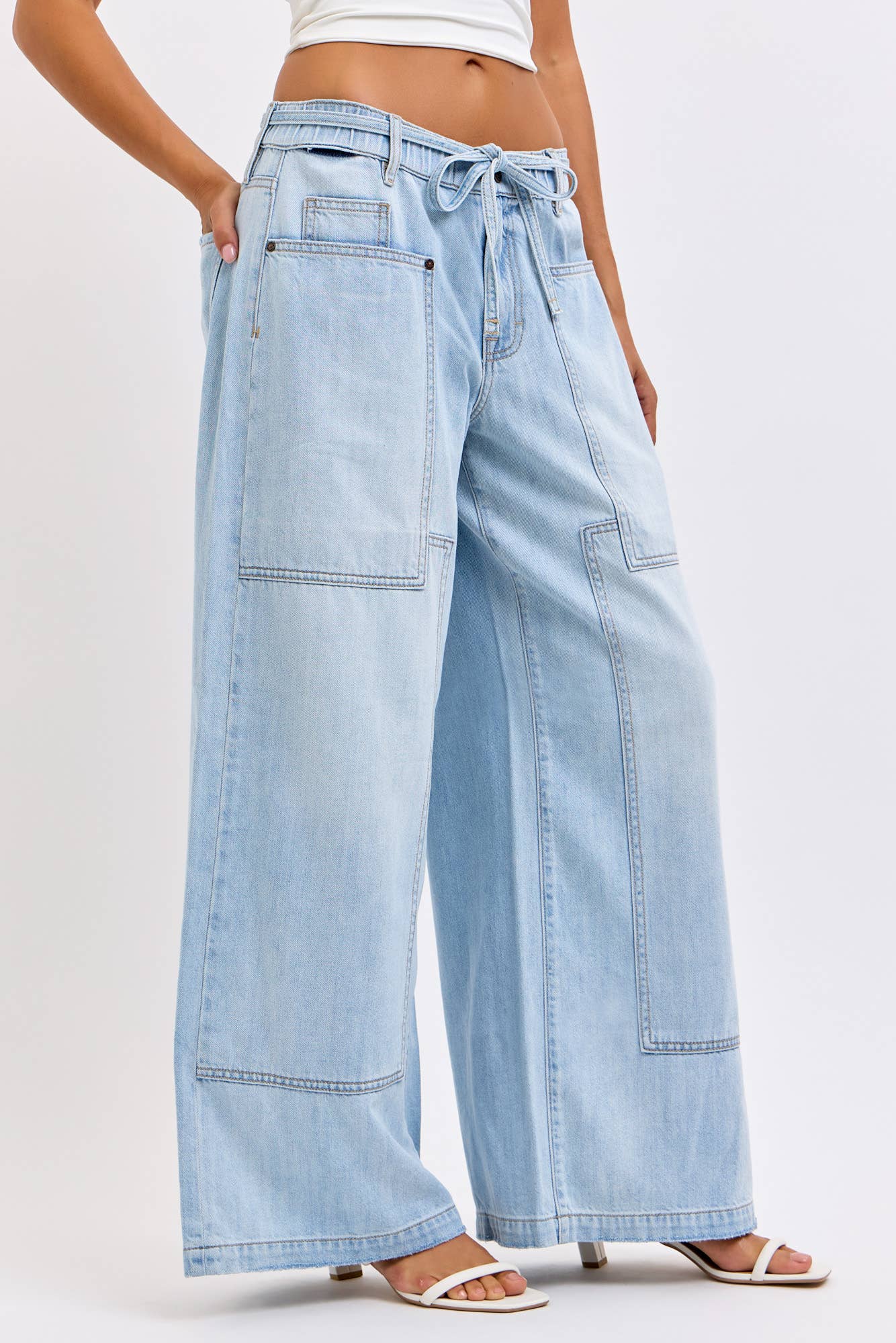 Coming Soon! Medium Light Drawstring Utility Pocket Wideleg Jeans