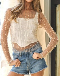 Pearl Embellished Long Sleeve Mesh Top