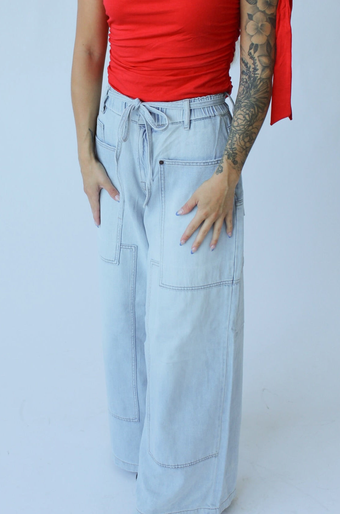 Coming Soon! Medium Light Drawstring Utility Pocket Wideleg Jeans