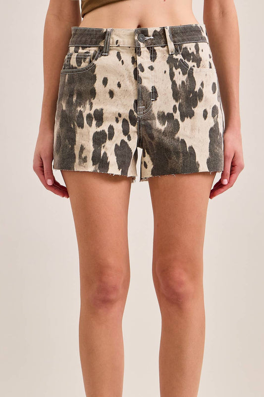 Cow Print Denim Short With Raw Hem