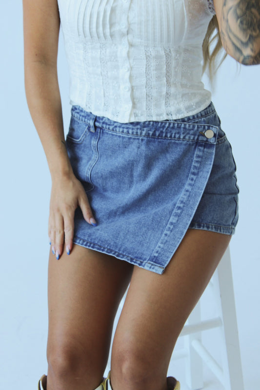 The Harlow Wrap Denim Skort 🤎