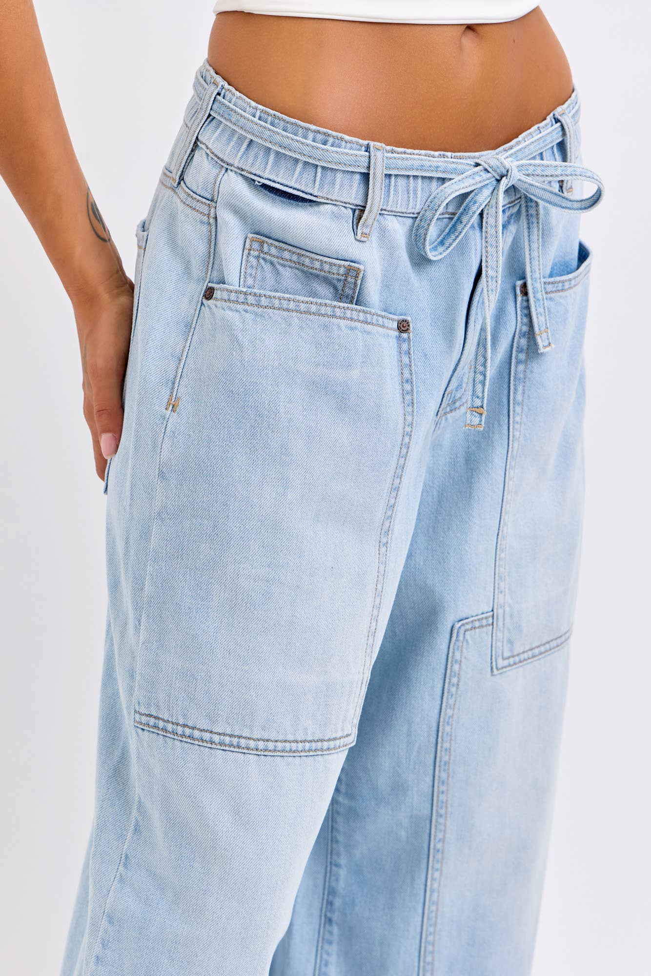 Coming Soon! Medium Light Drawstring Utility Pocket Wideleg Jeans