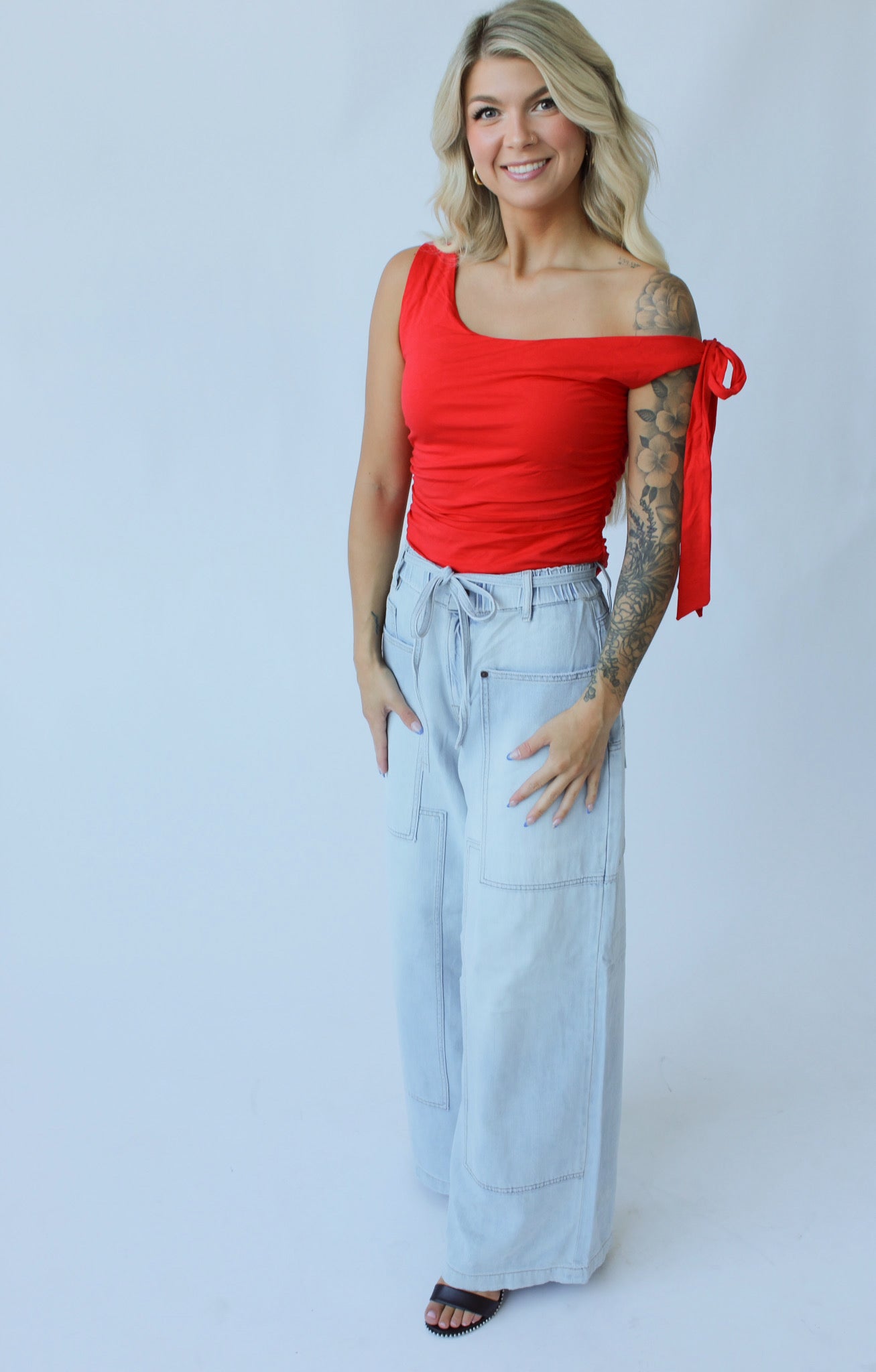 Coming Soon! Medium Light Drawstring Utility Pocket Wideleg Jeans
