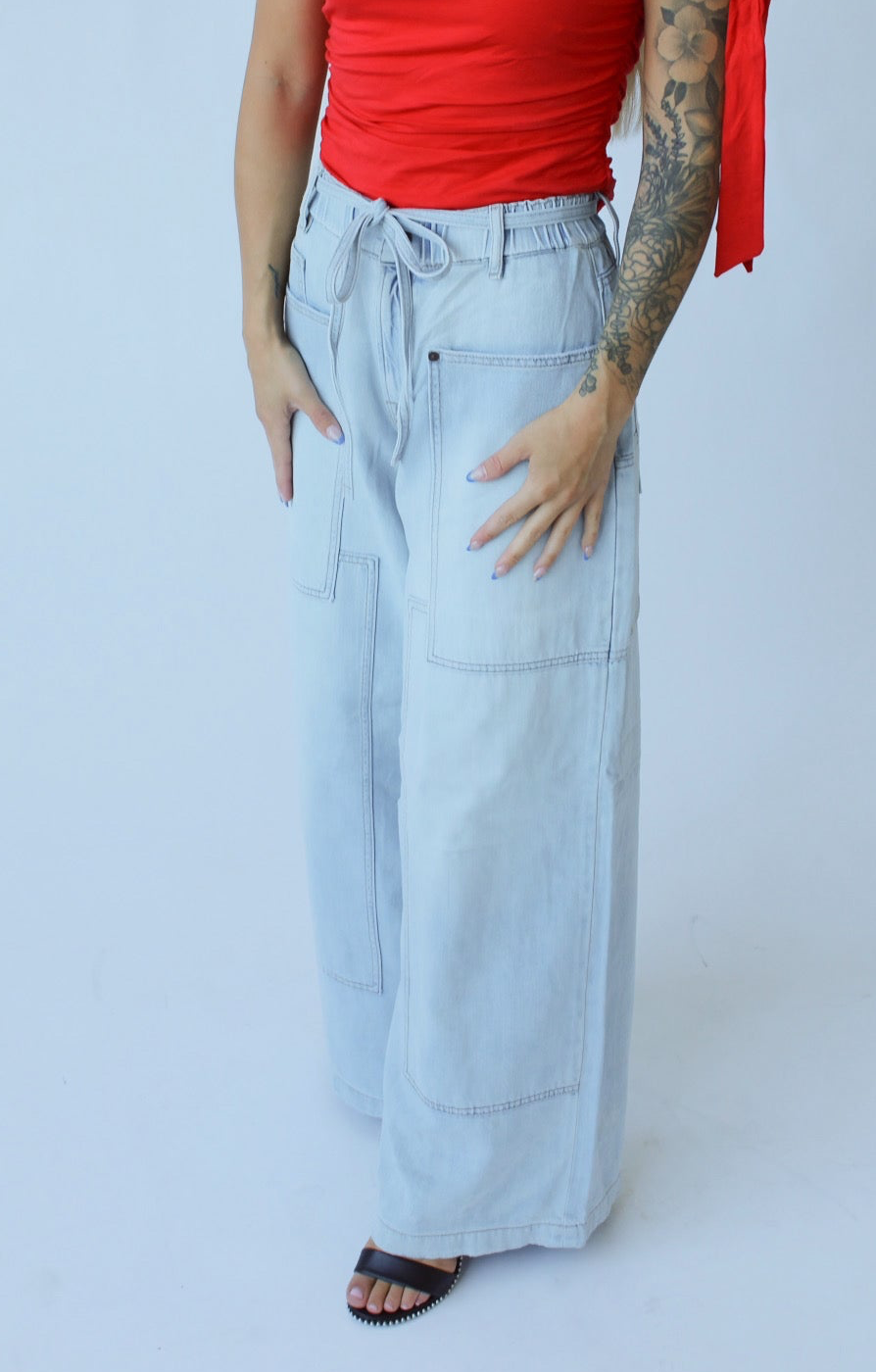 Coming Soon! Medium Light Drawstring Utility Pocket Wideleg Jeans