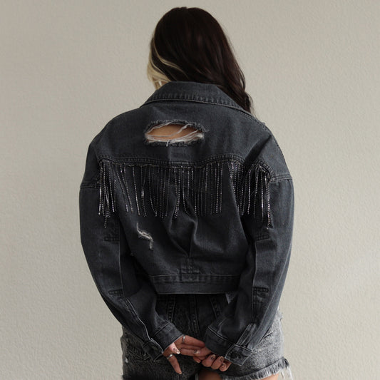 Rhinestone Fringe Distressed Denim Jacket