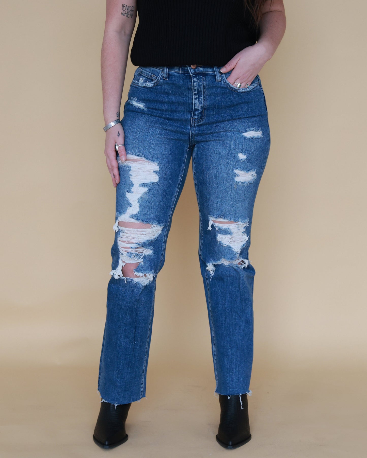 Distressed High Rise Ankle Relaxed Straight Jeans