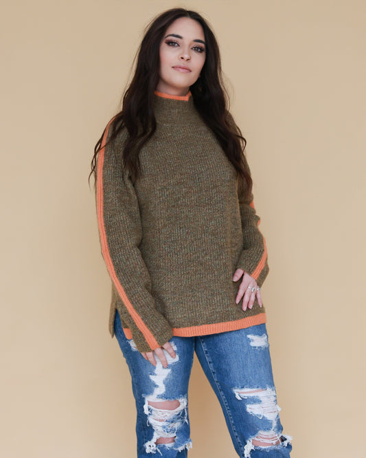 Marled Brown Raglan Sleeve Funnel Neck Sweater