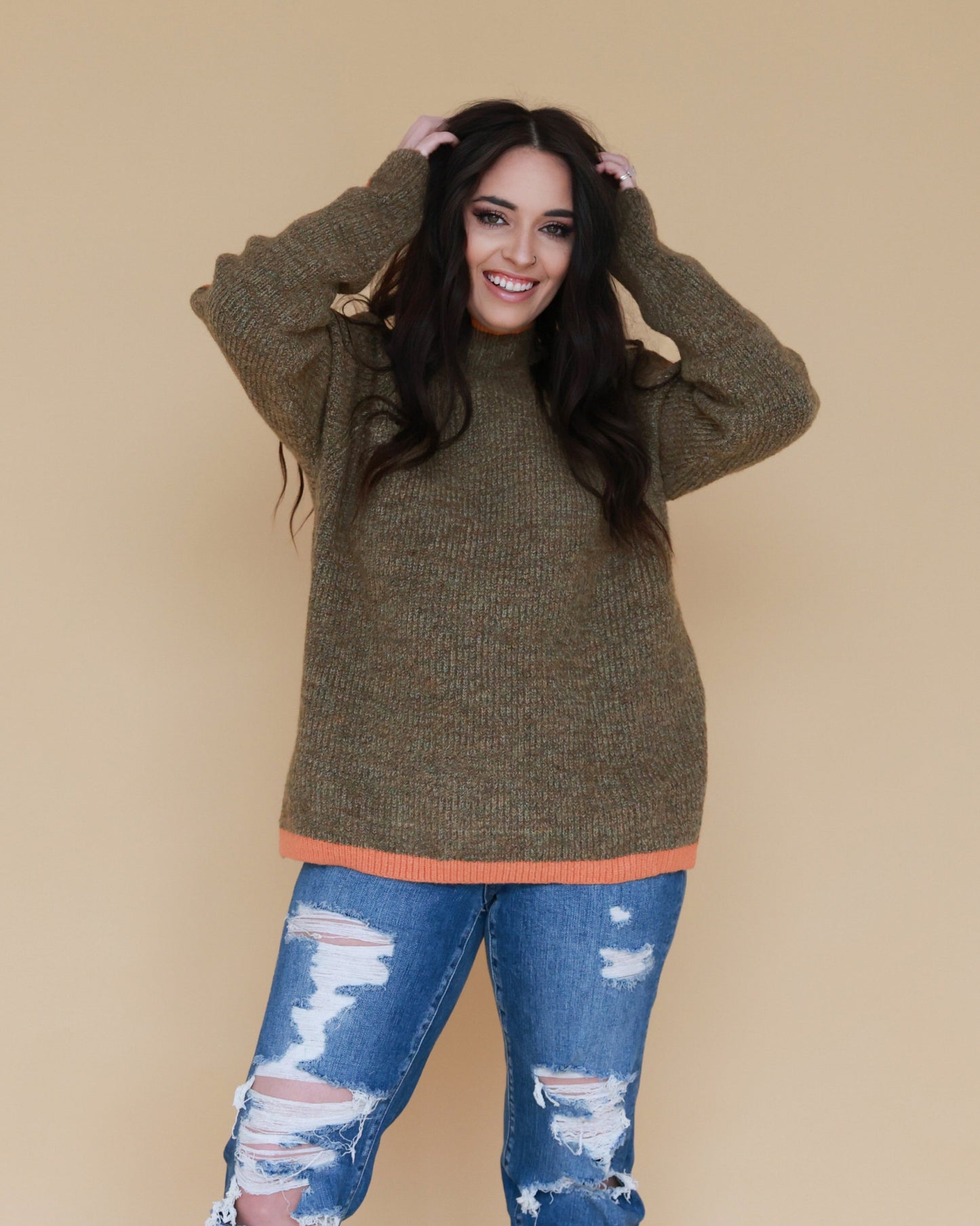 Marled Brown Raglan Sleeve Funnel Neck Sweater