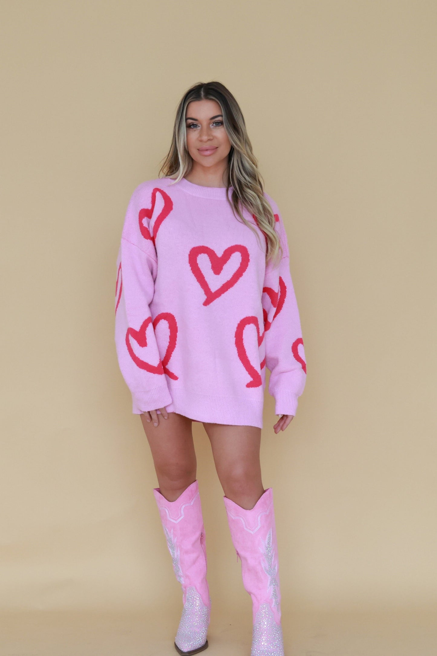 Long Sleeve Round Neck Heart Printed Sweater