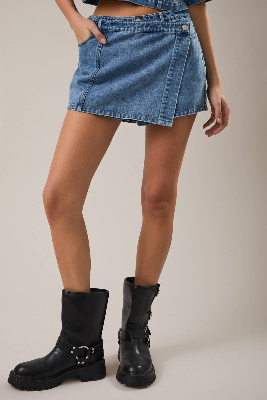 The Harlow Wrap Denim Skort 🤎