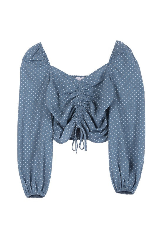 Ruched polka dot crop top